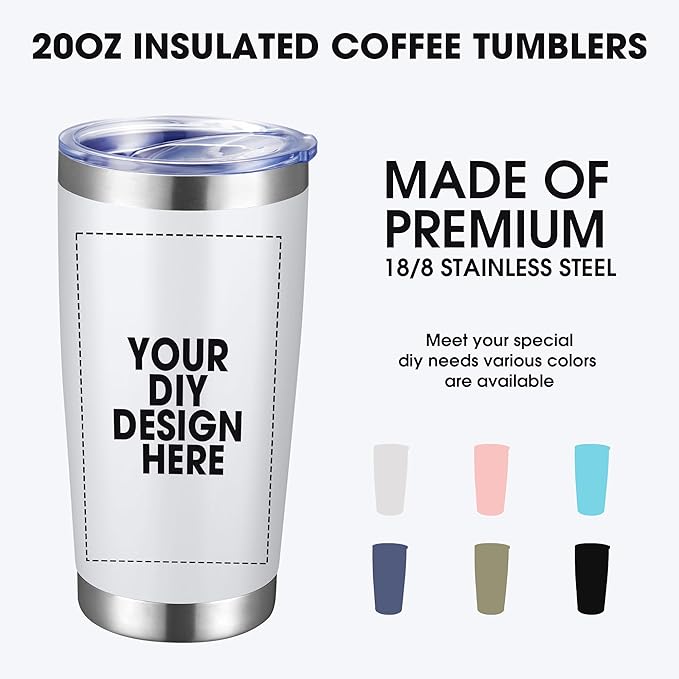 Personalized Custom Tumbler Print in USA 48 Pcs 20oz Stainless Steel Coffee Cup with Lid & Straw Double Wall Insulated Tumbler with Colorful Text Logo Photo