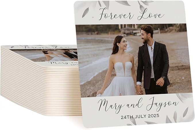 20 Pack Personalized Wedding Coasters, Custom Cardboard Coasters for Drinks with Photo Print and Text, Keepsake Wedding Favors and Gifts for Couples, 4x4 Square, Design 7