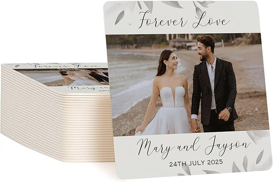 20 Pack Personalized Wedding Coasters, Custom Cardboard Coasters for Drinks with Photo Print and Text, Keepsake Wedding Favors and Gifts for Couples, 4x4 Square, Design 7