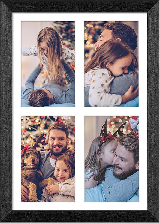 9x13 Collage frame with 4 Openings 4X6 Pictures, Multiple Picture Frame with Mat, Wall or Tabletop Decor, Black Wood Grain (1 Pack)