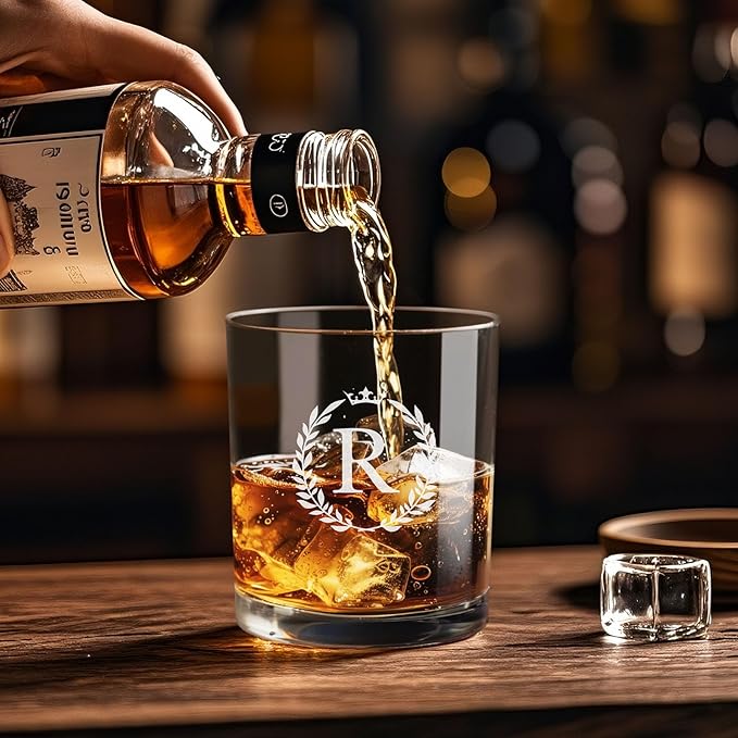 Personalized Whiskey Glasses Gifts for Men, Monogrammed Engraved A-Z 10.6 oz Rocks Glass Customized Gift, Unique Christmas Birthday Gifts for Men Him Dad Husband Brother Son (R)