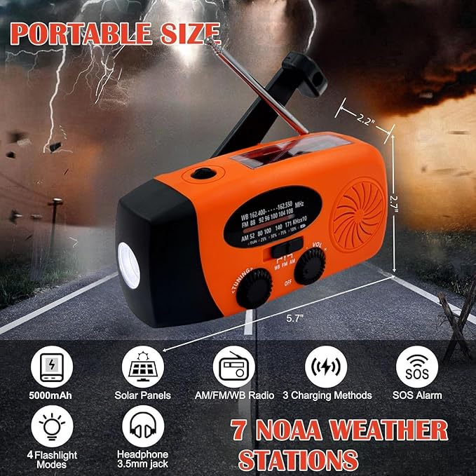 Solar Emergency Hand Crank Weather Radio, Portable Self Powered NOAA AM/FM Radios with SOS Alarm LED Flashlight 5000mAh Smart Phone USB Charger for Camping (Orange)