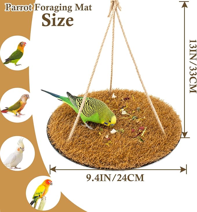 FlidRunest Yellow Large Bird Foraging Mat, Natural Bird Grass Hammock Swing Toy with Hooks, Climbing Perch Hanging Toy for Parakeets, Parrot, Cockatiels, Bearded Dragon