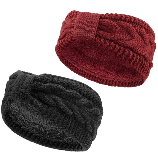 AQOKKA Knit Winter Headbands for Women Fuzzy Wool Fleece Lined Ear Warmers Elastic Turban Crocheted Head Wrap Winter Accessories for Women Cold Weather