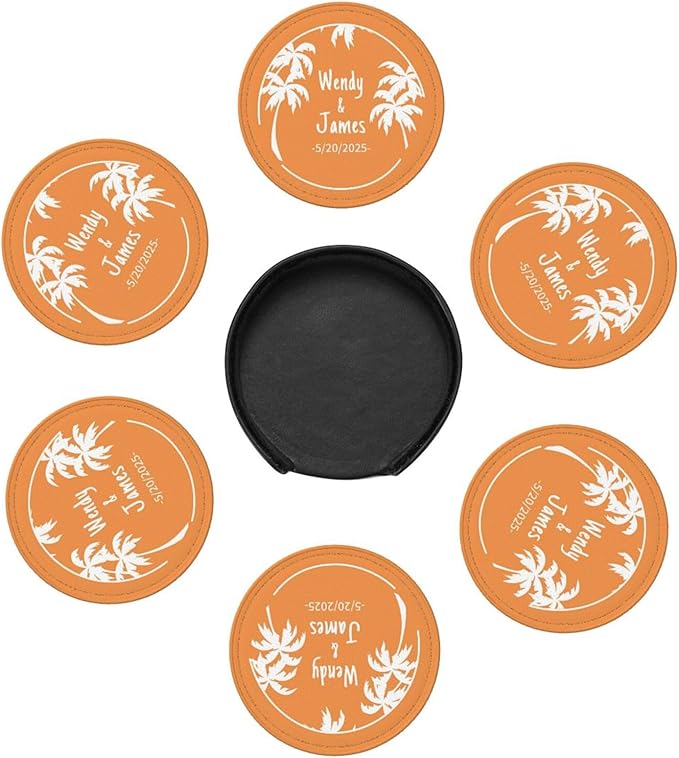 Personalized Drink Coasters, Customized Coasters Set of 6, Custom Coster 6 Pack with Name and Date, Gift for Christmas/Valentine’s Day/Wedding, Luxury Leather Gift Set, Custom Gift Bar Counter