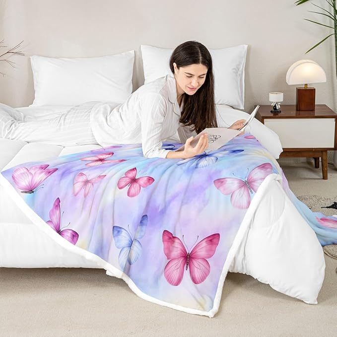 Feelyou Girls Butterfly Fleece Throw Blanket 40"x50" Kids Tie Dye Watercolor Sherpa Blanket Plush Fuzzy for Bed Couch Chair Living Room, Dreamy Girly Bed Blanket Purple Blue Room Decor