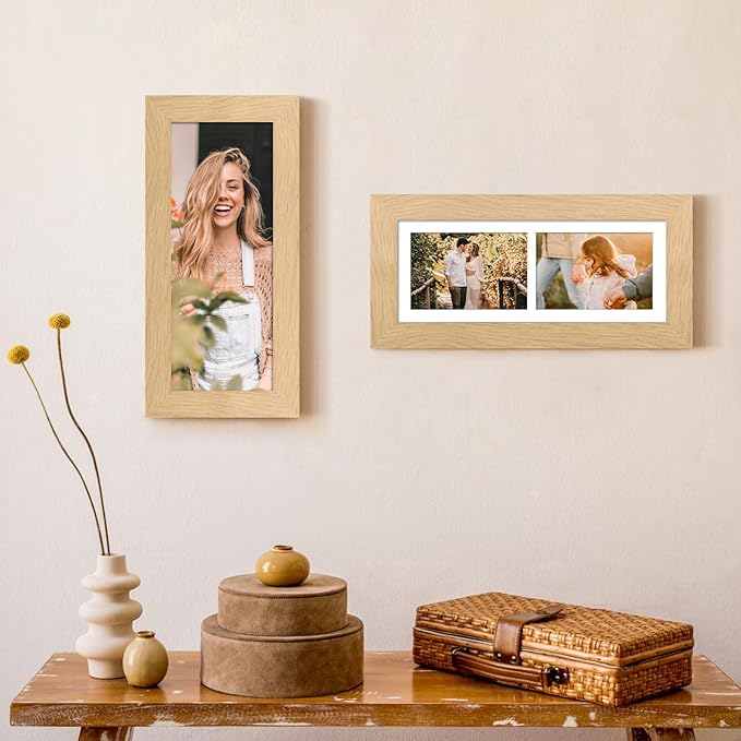 6x15 Picture Frame Display 2 opening 5X7 Double Picture Frame Collage,Multi Photo Frame with Mat,Plexiglass,Horizontal and Vertical Formats for Wall Decor,Natural Wood Grain