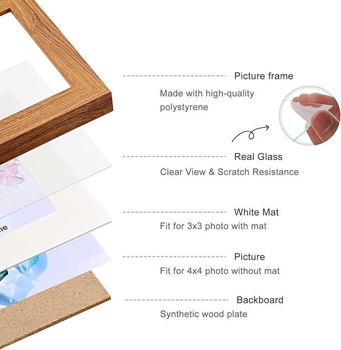Double Hinged 4x4 Picture Frame with Real Glass-Tabletop or Wall Mounted, Display for 3x3 & 4x4 Photos (with/without Mat)-Rustic Brown, For Family Photos & Wedding Memories-Z44X2