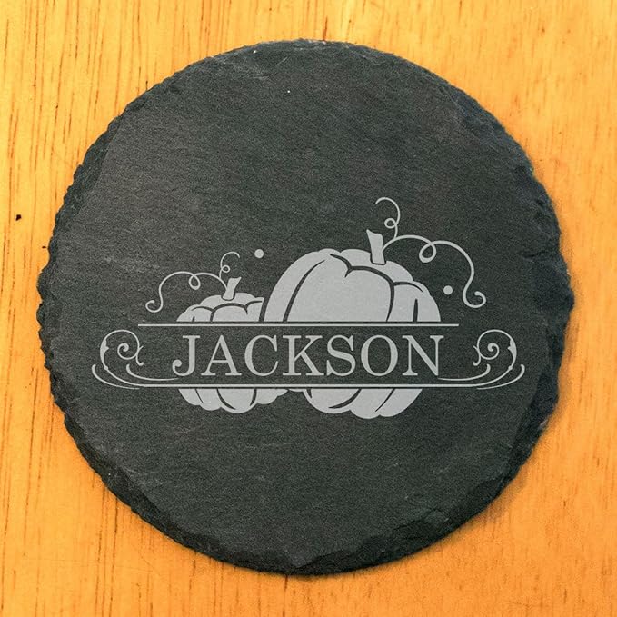 Personalized Monogram Family Coasters, Natural Stone Set, Birthday, Wedding, Customized, Rustic - Round Slate - Set of 6