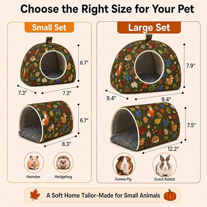 Hamster Hideout Tunnel Set, 2 Pack Washable Small Animal Bed with Removable Cushion, Cozy Play Tunnel Cage Accessories for Hamsters, Hedgehogs, Mice, Rats, Gerbils, Green Forest