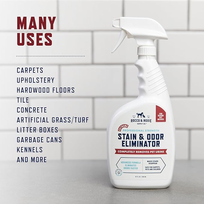Rocco & Roxie Extreme Stain & Odor Eliminator for Strong Odor, Pet Urine Enzyme Cleaner Destroyer, Stain Remover, Dog Poop and Cat Pee, Enzymatic Carpet Cleaner Spray for Home, Puppy Potty Training