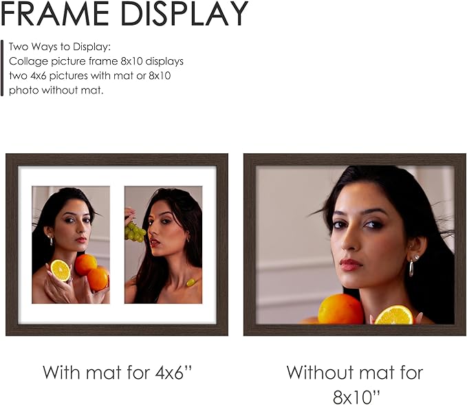 8x10 Double Picture Frame For Displaying Double 4x6 Picture Frame for Wall Mounting or Tabletop, Walnut.