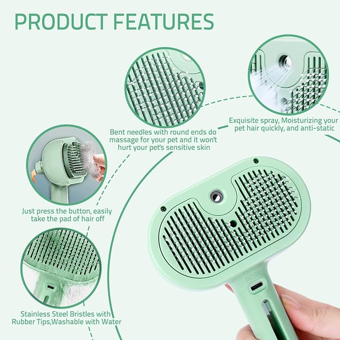 Bunny Ferret Steam Brush Release Button Self Cleaning Spray Comb for Long and Short Hair Cats Rechargeable Steaming Cat Grooming Brush Steamer to Remove Loose Hair (Green)