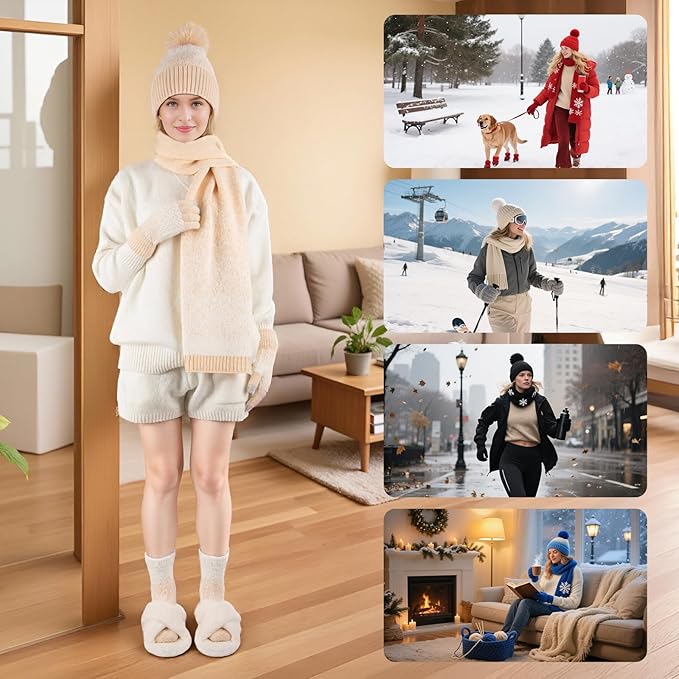 Womens Winter Beanie Hat Scarf Gloves Fuzzy Socks 4 In 1 Set Thermal Fleece Knitted Hat Warm Long Scarf Cold Weather