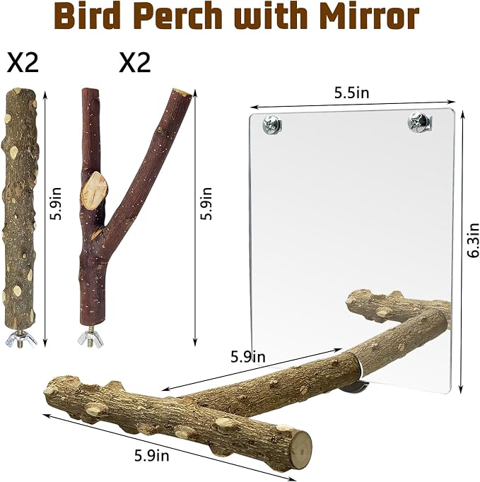 BNOSDM 5PCS Bird Perches Stand with Mirror Parrot Wood Stick Perches | Natural Forked Perch Branch Parakeet Toy Set Bird Cage Accessories for Budgie Cockatiel Conure Finch Lovebird