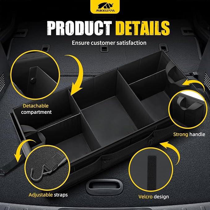 MIKKUPPA Car Trunk Organizer - 95L Collapsible Trunk Organizer with Lid, Sturdy Car Storage for SUV Auto Truck Van with Adjustable Straps and Non Slip Bottom (Black, X-Large)