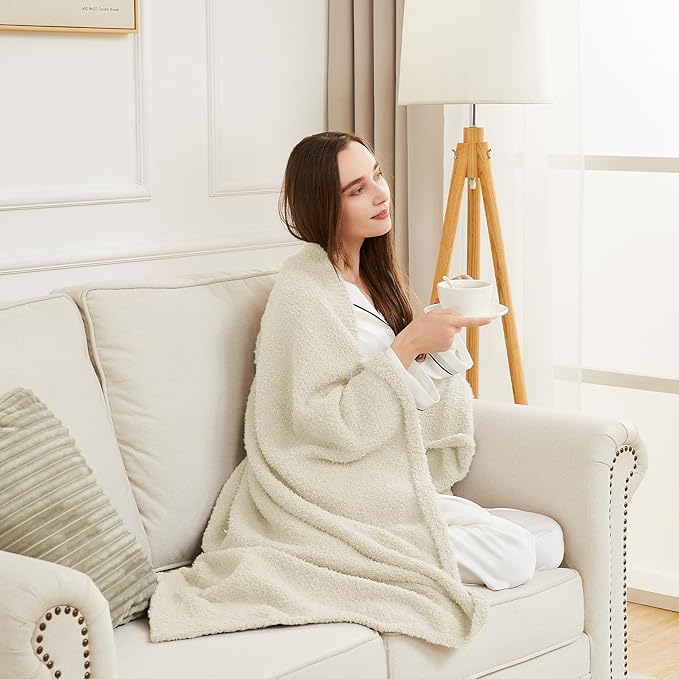 CYMULA Super Soft Twin Size Beige Knit Throw Blanket - Lightweight Plush Fuzzy Fluffy Warm Cozy Blankets and Throws for Sofa Bed All Season Use, 60x80 inches