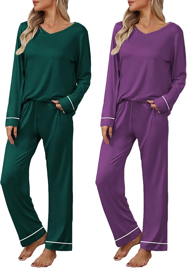 Ekouaer Womens 2 Pack Pajama Set Long Sleeve Pajamas Top and Pants V Neck Pjs Set Soft Loungewear with Pockets