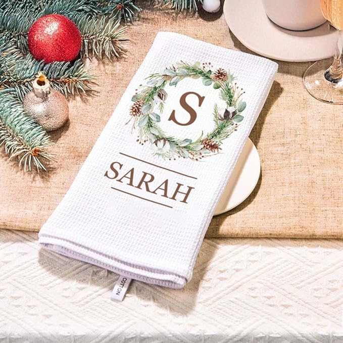 NICEDREAM Custom Name Monogram Christmas Kitchen Towels White Waffle Christmas Wreath Towel Christmas Tea Towels Decorative Hand Towels for Bathroom Personalized Kitchen Christmas Towels