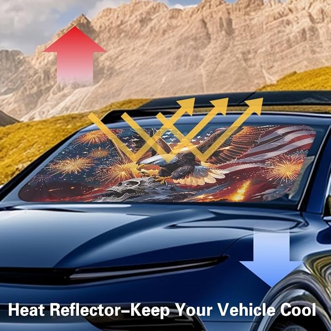 4th of July Windshield Sun Shade Foldable Universal US Flag Eagle Car Windshield Sunshade Reflective Sun Visor Blocks for UV and Heat Sun Visor Protector Accessories for Cars Truck SUV