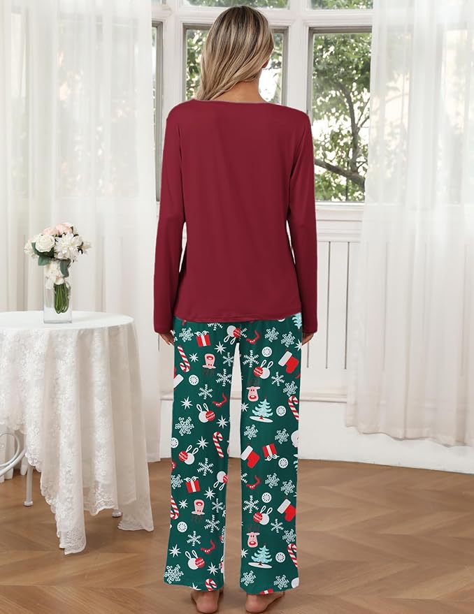 Ekouaer Womens 2 Pack Pajama Set Long Sleeve Pajamas Top and Pants V Neck Pjs Set Soft Loungewear with Pockets