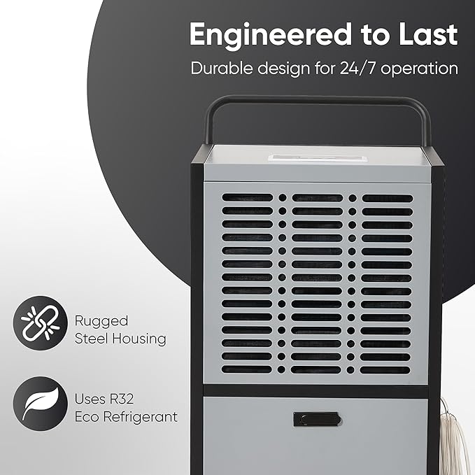 290 Pints Commercial Dehumidifier for Basements & Industrial Spaces – Built-In Pump, Drain Hose, Continuous Operation, 2-Speed Fan, 24000 Sq Ft Coverage