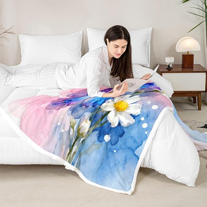 Feelyou Girls Watercolor Butterfly Fleece Throw Blanket Throw 50"x60" Kids Pink Purple Sherpa Blanket Plush Fuzzy for Bed Couch Chair Living Room, Cute Daisy Bed Blanket Room Decor