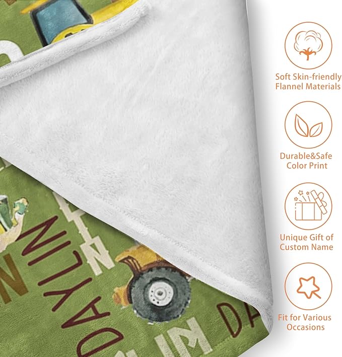 Personalized Tractors Blanket - Custom Name with Farm Tractor Trucks Design - Soft Plush Flannel Bed Blanket for Baby Kid Teen Boys Girls Customized Gifts Olive Green & Yellow