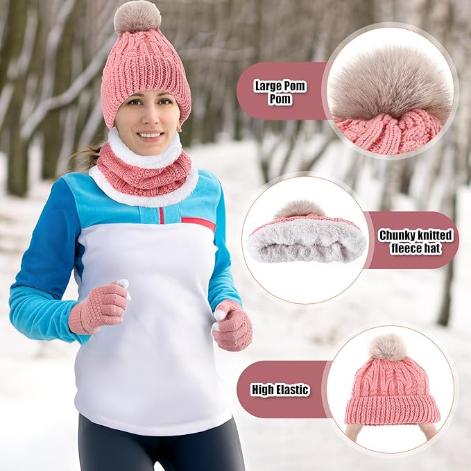 SATINIOR 5 Pcs Winter Hat Scarf Gloves Set Fleece Warm Lined Knit Beanie Hat Touch Screen Earmuff Gloves Warmer for Women(Pink,Fresh Style)