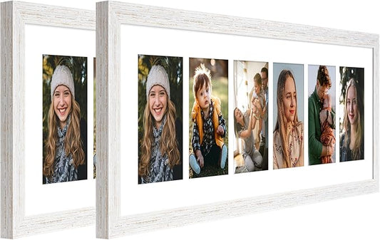 8x26 Collage frame with 6 Openings 4X6 Pictures, Multiple Picture Frame with Mat, Wall or Tabletop Decor, White Wood Grain,2 Pack
