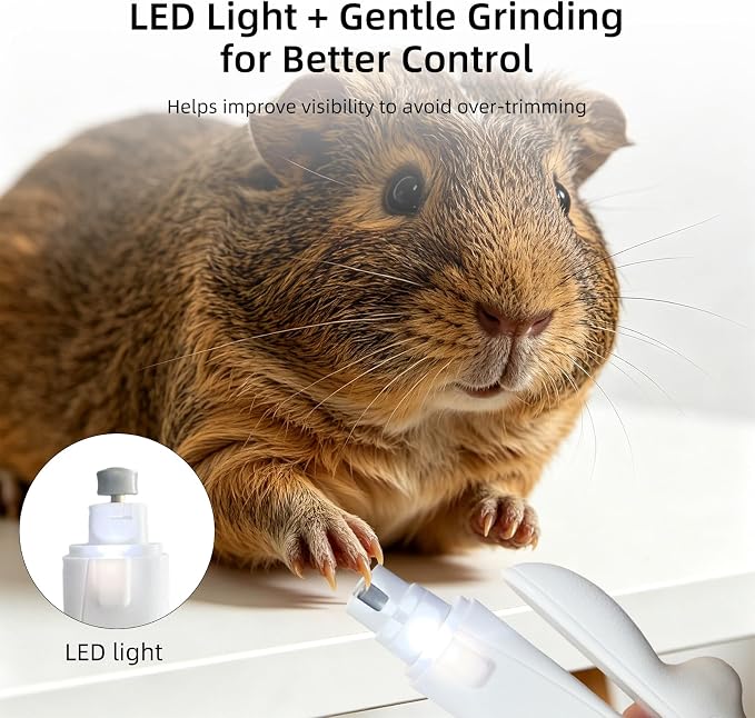 2-in-1 Guinea Pig & Rabbit Nail Grinder & Clipper - Rechargeable Electric Nail File Trimmer with LED Light, Quiet Low-Speed for Small Pets, Bunny - Safe No-Bleed Grooming Tool - White