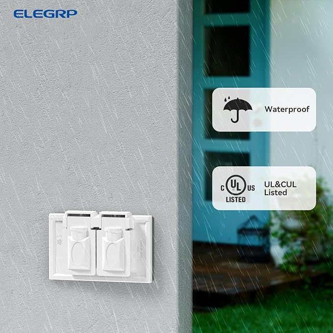 ELEGRP Horizontal Outdoor Cover for Duplex Receptacles, 2-Hole Weatherproof Wall Plate, Outdoor Electrical Outlet Cover, Standard Size 1-Gang 4.55” x 3.02”, Thermoplastic, 1 Pack, White