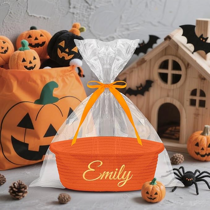 HUTARIO Personalized Woven Halloween Boo Basket Embroidered Name with Gift Bags and Ribbons,Empty Small Rope Basket，Durable Storage Custom Orange Basket with Handles for Baby Showers or Christmas