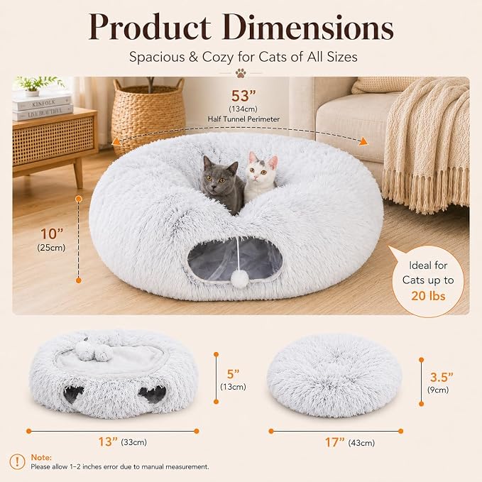 Warm Fluffy Plush Cat Dog Tunnel Bed Under Christmas Tree Big Tube Playground Toys 3 FT Diameter Longer Crinkle Collapsible 3 Way, for Indoor Cat Kitty Kitten Puppy Rabbit Ferret White