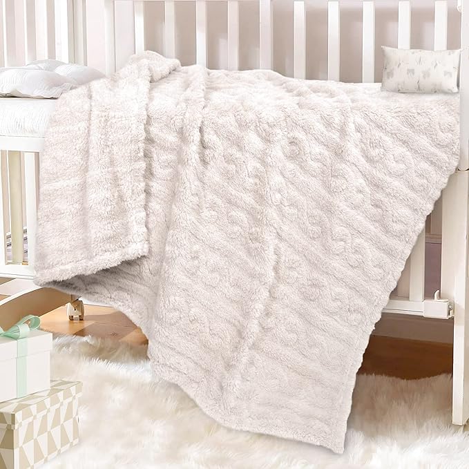 HOMRITAR Baby Blankets for Boys or Girls 3D Fluffy Fuzzy Blanket for Baby, Soft Warm Cozy Flannel Fleece Warm Infant or Newborn Receiving Blanket 330GSM (30 x 40 Inch, Cream )