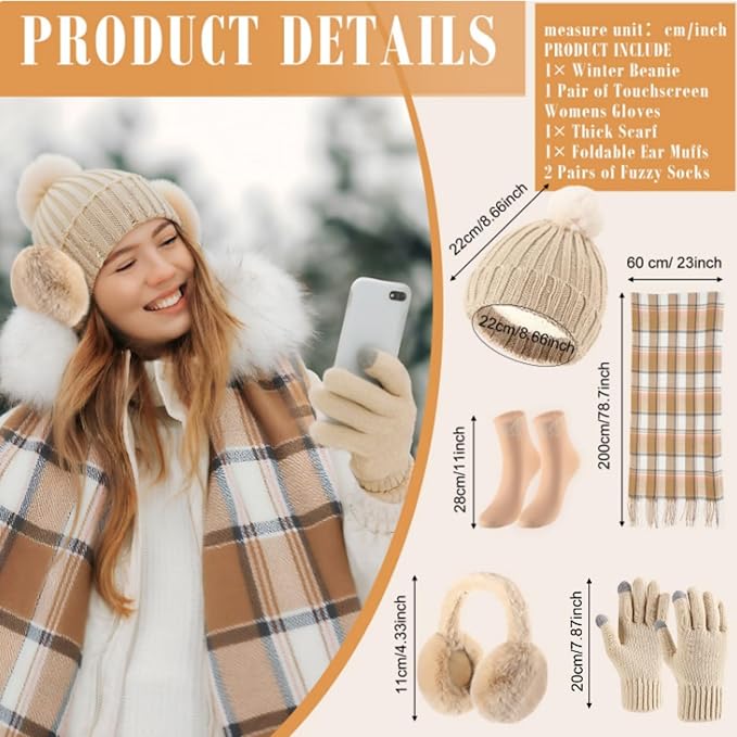 Geyoga 6 Pcs Winter Hat Scarf Gloves Set Knitted Touchscreen Gloves Plaid Scarf Earmuffs Socks Gift for Women Men