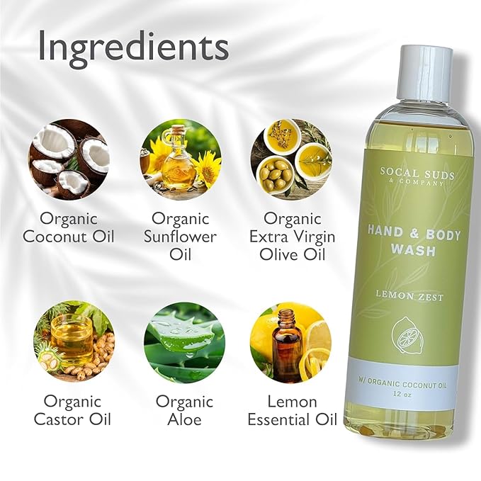 SoCal Suds & Company - 12oz Organic Soap Liquid, Gentle Hand & Body Wash, Organic Body Wash for Men and Women, Made w/Organic Oils & Coconut Oil, Bath Essentials for All Skin Types - 2pk Lemon Zest