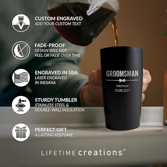 Lifetime Creations Engraved Personalized Groomsman Tumbler 20 oz - Custom Groomsmen, Best Man, Bachelor Party Stainless Steel Coffee Travel Mug Gift (Option C)