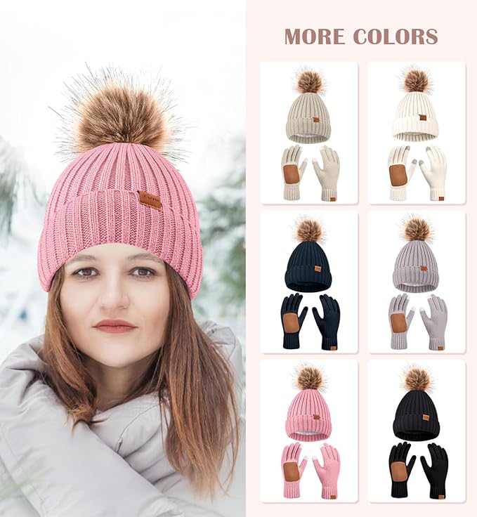 Womens Winter Beanie Hat Gloves Set,Fleece Lined Warm Knit Pom Pom Ski Hat Touchscreen Gloves Set Gifts for Cold Weather
