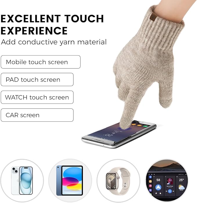 Womens Winter Beanie Hat Scarf Gloves Set, Knit Touch Screen Gloves Long Scarf Skull Caps Fleece Lined Winter Gift