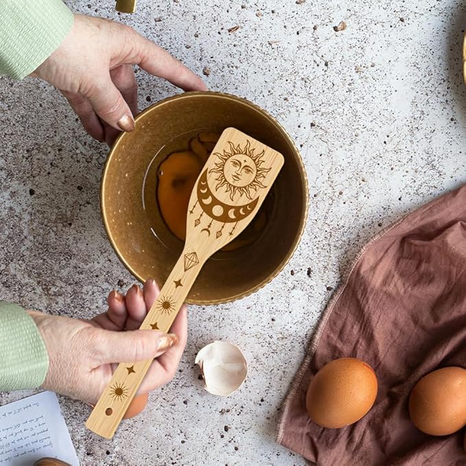 GLOBLELAND 6Pcs Sun and Moon Bamboo Cooking Utensils Wooden Engraved Cooking Spoons Set Moon Phases Kitchen Bamboo Spatula for Women and Men Wood Cooking Spoon for Kitchen House Warming Gift