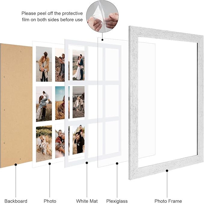13.5x19.5 Picture Frame Display 9 opening 4X6 Picture Frame Collage,Multi Photo Frame with Mat,Plexiglass,Wall or Tabletop Decor,Distressed White Wood Grain