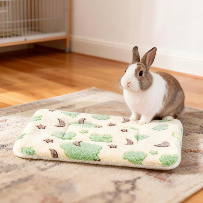 2 Pcs Bunny Bed, Washable Rabbit Bed, Double-Sided Fleece Sleeping Pad for Guinea Pig, Dwarf Rabbit, Chinchilla, Ferret, Hamster, Warm Small Animal Cage Mat, 13x10in, Yellow Star & Moon