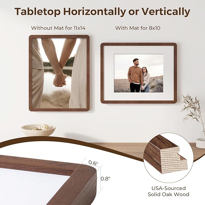 11x14 Picture Frame, Solid Oak Wood Frame 11 x 14 for Wall, Rustic Wooden Frames 11 by 14 with Tempered Glass, 11x14 Frame with Mat for 8x10, Home Decor Photo Frames 11"x14", Walnut Color, 3 Pack