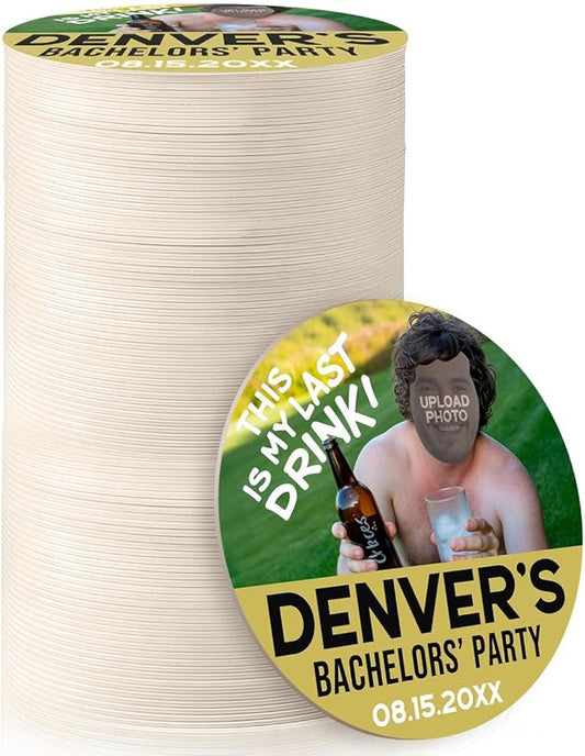 100 Pack Personalized Bachelor Party Coasters, Custom Cardboard Drink Coasters with Photo Print and Text, Fun Bachelor Party Favors and Gifts, 3.95" Round, Design 5