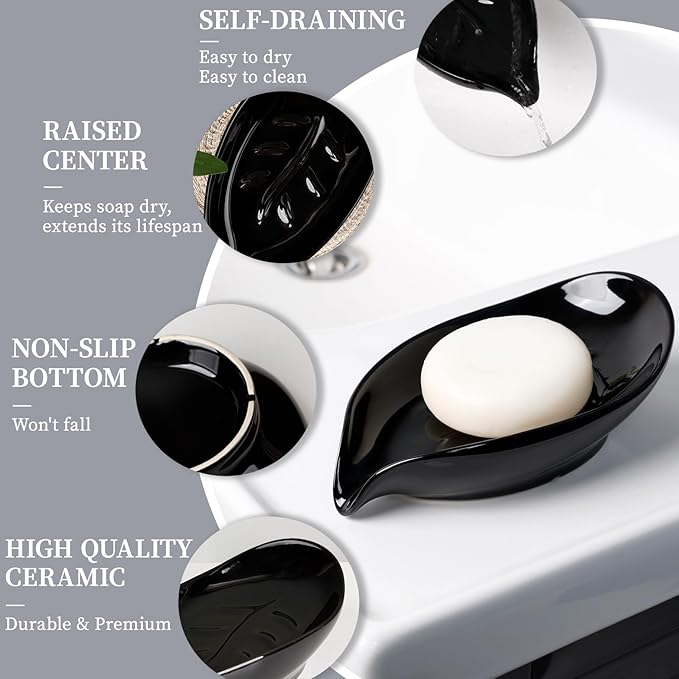 Soap Dish, Self Draining Soap Holder, Leaf Shape Ceramic Bar Soap Holder Drain Soap Dishes for Bathroom Sink Kitchen, Easy to Clean, Keeps Soap Dry, Black, ANTIS'S HOME