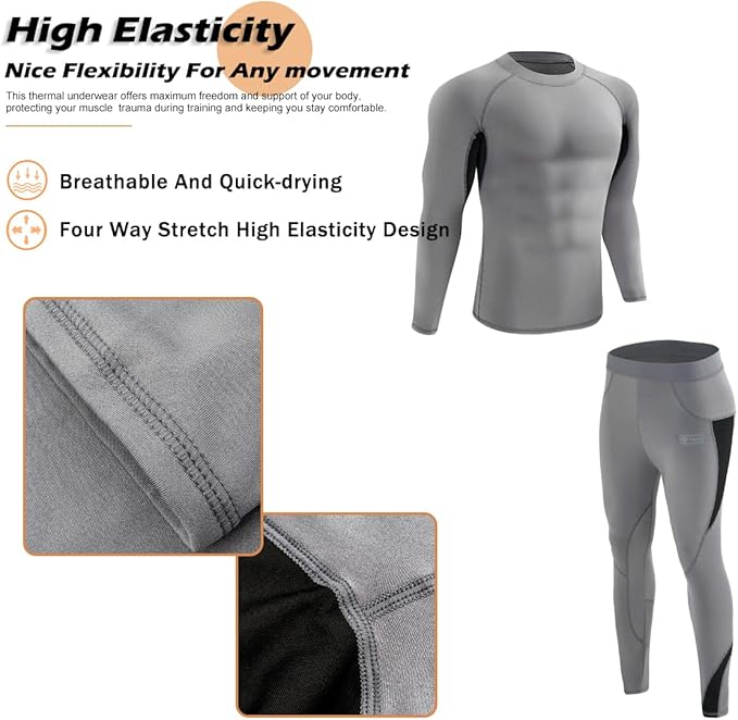 Men’s Thermal Underwear Set, Winter Fleece Lined Sport Long Johns Base Layer Quick Drying Thermo for Hunting Skiing