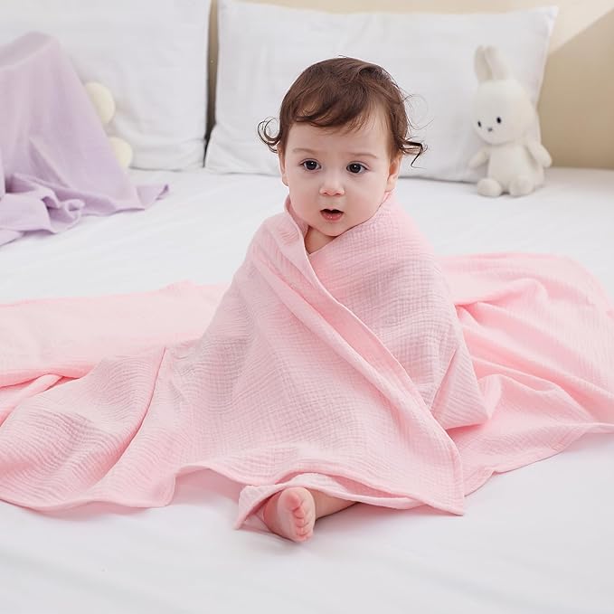 DaysU Muslin Baby Swaddle Blanket, Cotton Swaddling Blankets for Baby Boy and Girl, Nursery Skin-Friendly Baby Receiving Blanket for Newborns, Breathable Swaddle Wrap 2 Pack, 47”x47”-Pink+Lilac