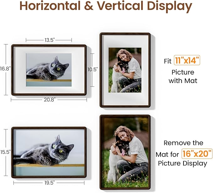 16x20 Picture Frame Natural Oak Wood From California-USA Walnut Color Finished with Real Tempered Glass, Handcrafted 16 x 20 Poster Frame Matted to 11x14 Photo,Certificate,Degree,Graduation Display