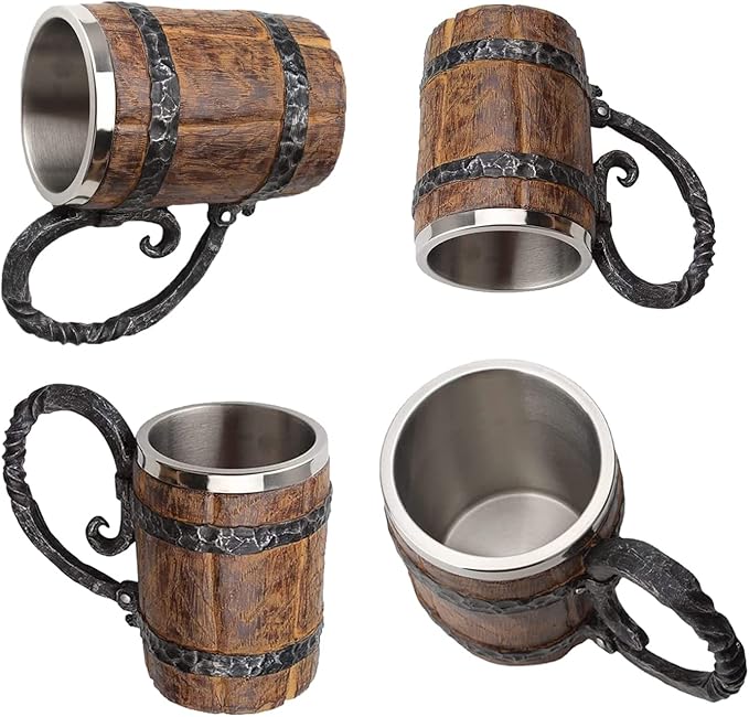 Wooden Beer Mug Beer Barrel, Large Viking Cup Wood Style Beer Mug Tankard with Handle, Antique gifts for Men Bar Restaurant Vintage Bar Accessories(18.60oz/550ml)